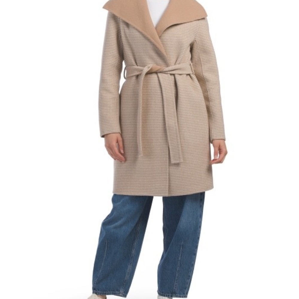 ELIE TAHARI Wool Mini Houndstooth Oversized Collar Belted Wrap Coat